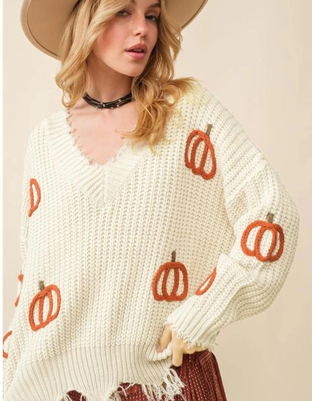 Beige Cable Knit Pumpkin Raw Hem V Neck Loose Sweater