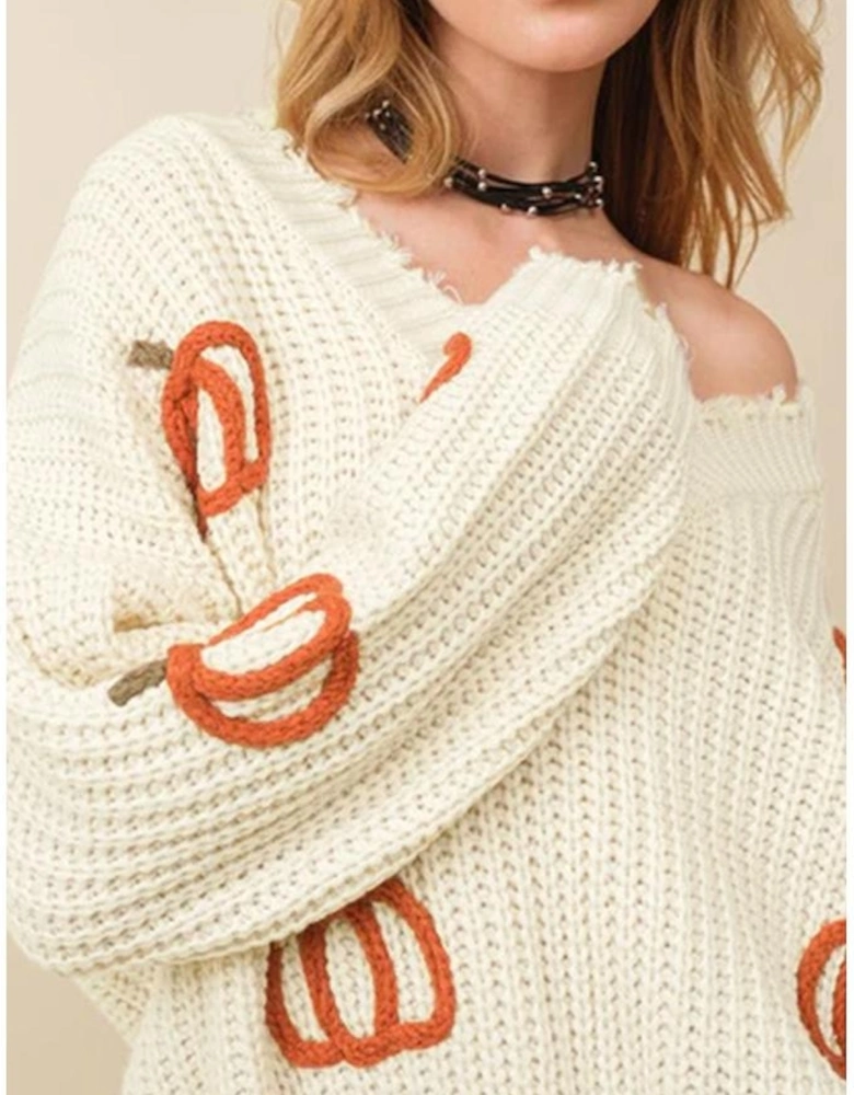 Beige Cable Knit Pumpkin Raw Hem V Neck Loose Sweater
