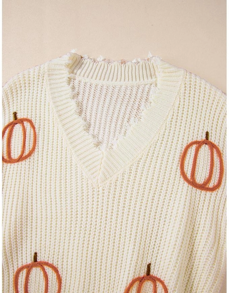 Beige Cable Knit Pumpkin Raw Hem V Neck Loose Sweater
