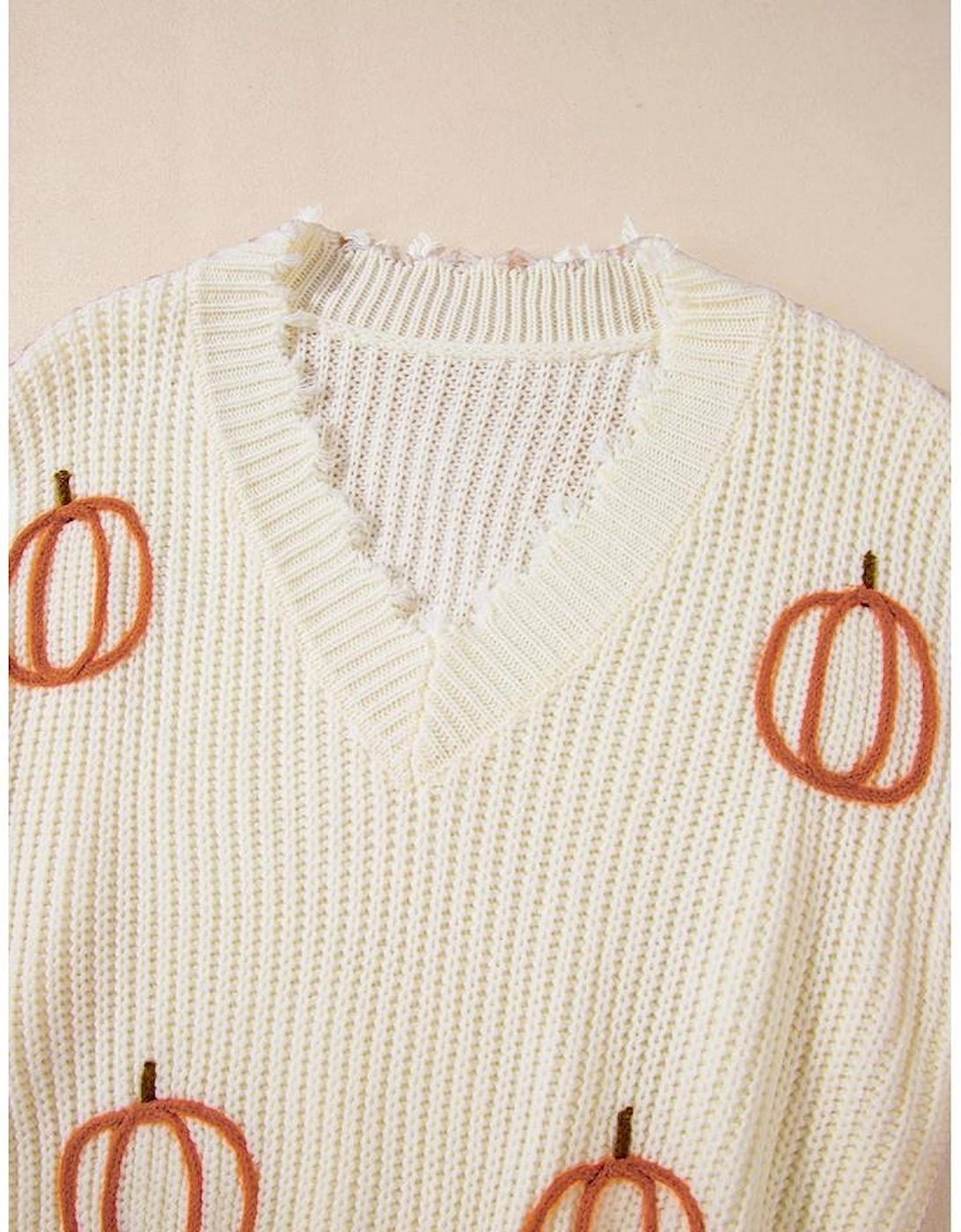 Beige Cable Knit Pumpkin Raw Hem V Neck Loose Sweater