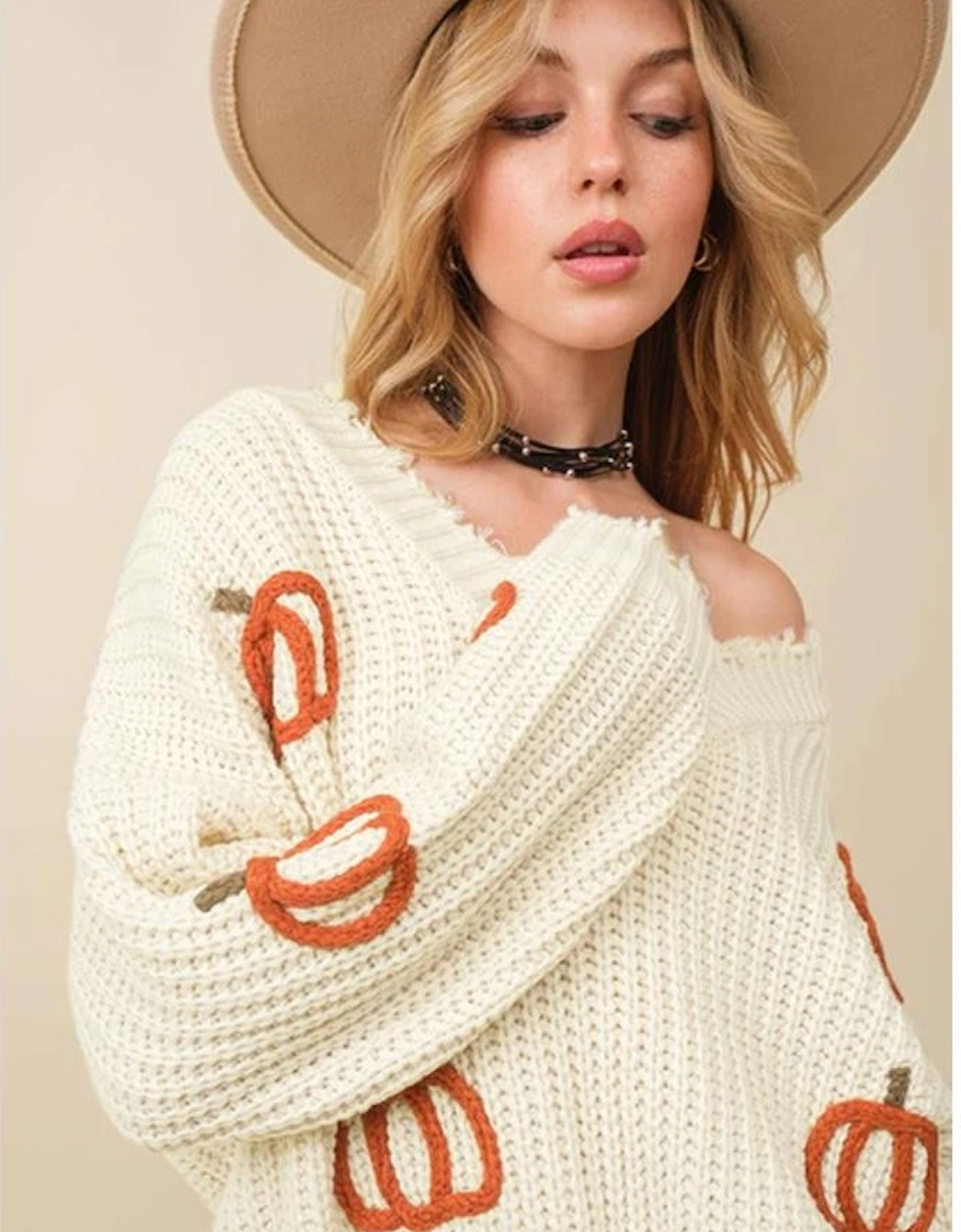 Beige Cable Knit Pumpkin Raw Hem V Neck Loose Sweater