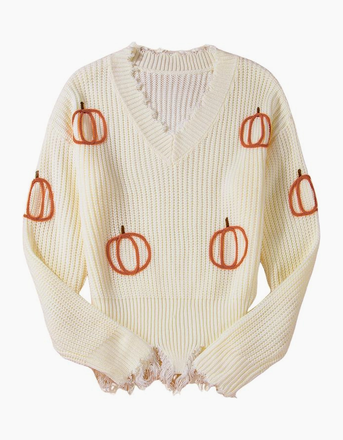 Beige Cable Knit Pumpkin Raw Hem V Neck Loose Sweater