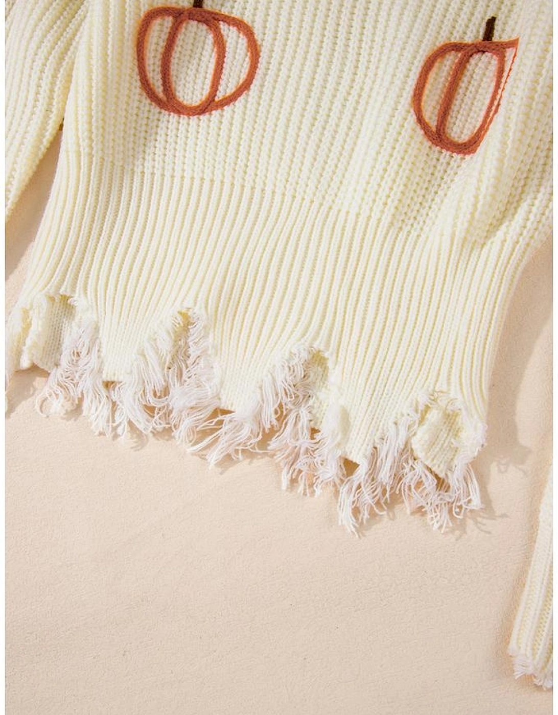 Beige Cable Knit Pumpkin Raw Hem V Neck Loose Sweater