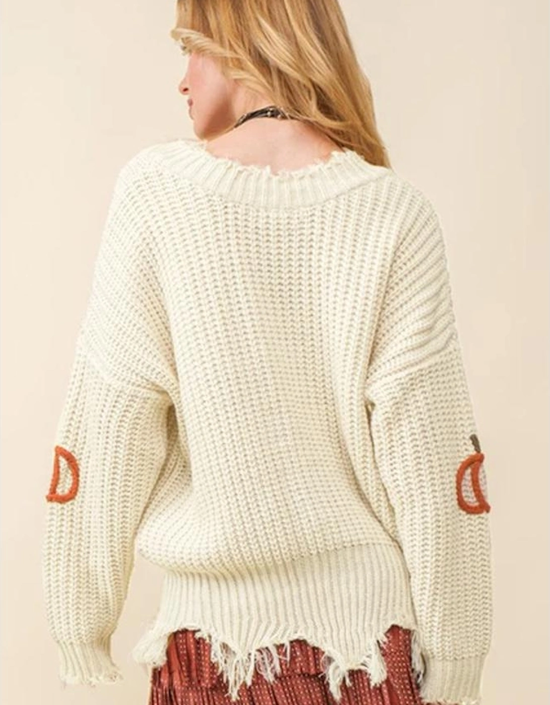 Beige Cable Knit Pumpkin Raw Hem V Neck Loose Sweater, 14 of 13