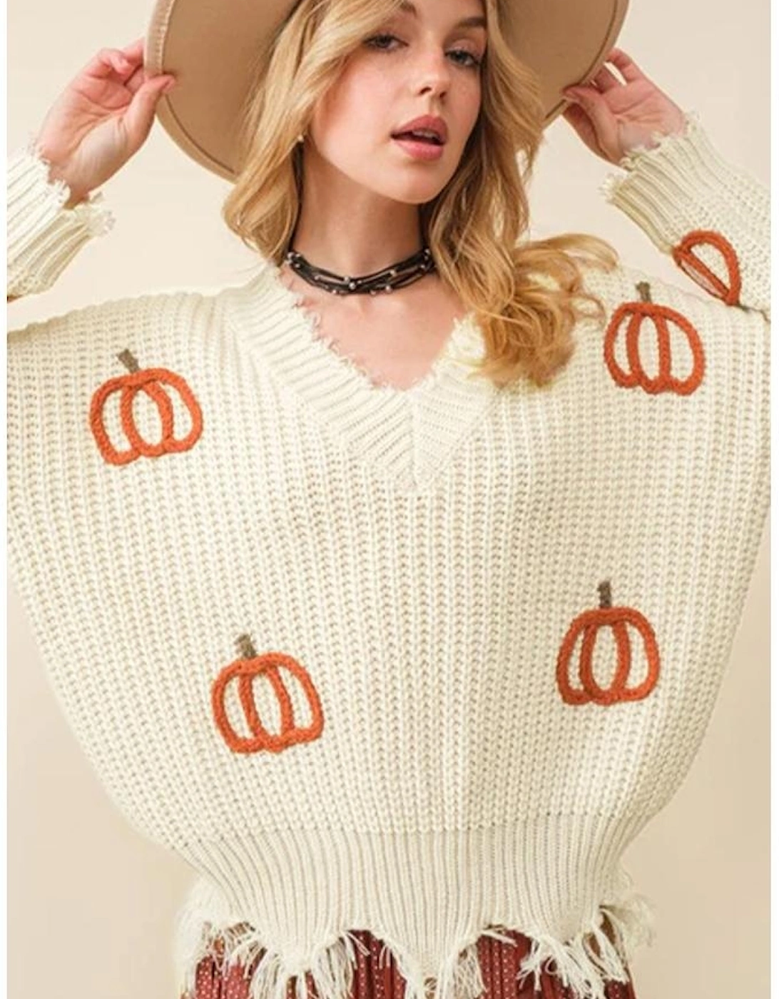 Beige Cable Knit Pumpkin Raw Hem V Neck Loose Sweater