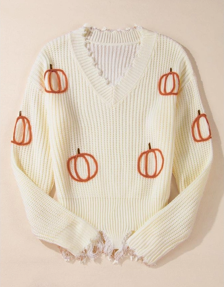 Beige Cable Knit Pumpkin Raw Hem V Neck Loose Sweater