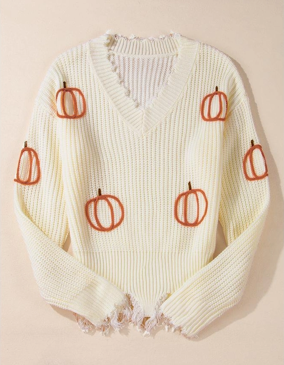 Beige Cable Knit Pumpkin Raw Hem V Neck Loose Sweater