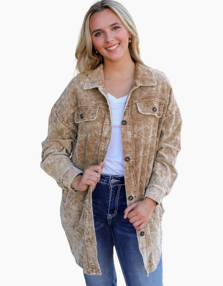 Khaki Vintage Distressed Mineral Wash Oversized Shacket