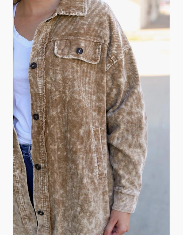 Khaki Vintage Distressed Mineral Wash Oversized Shacket