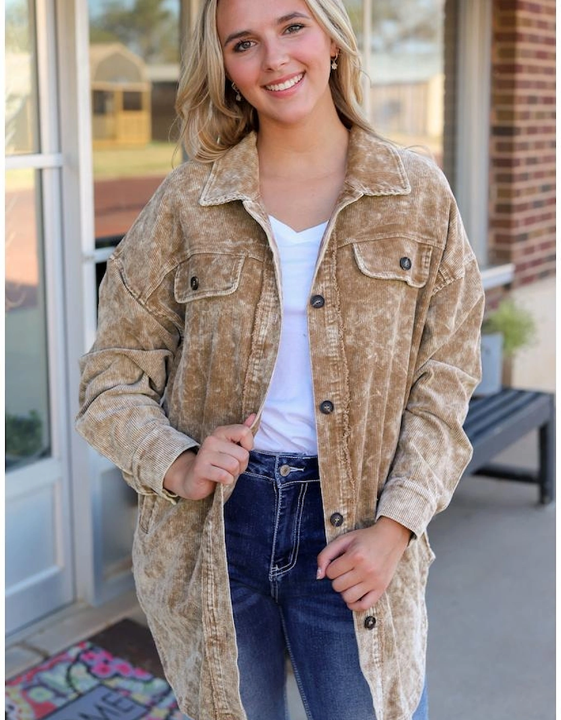 Khaki Vintage Distressed Mineral Wash Oversized Shacket