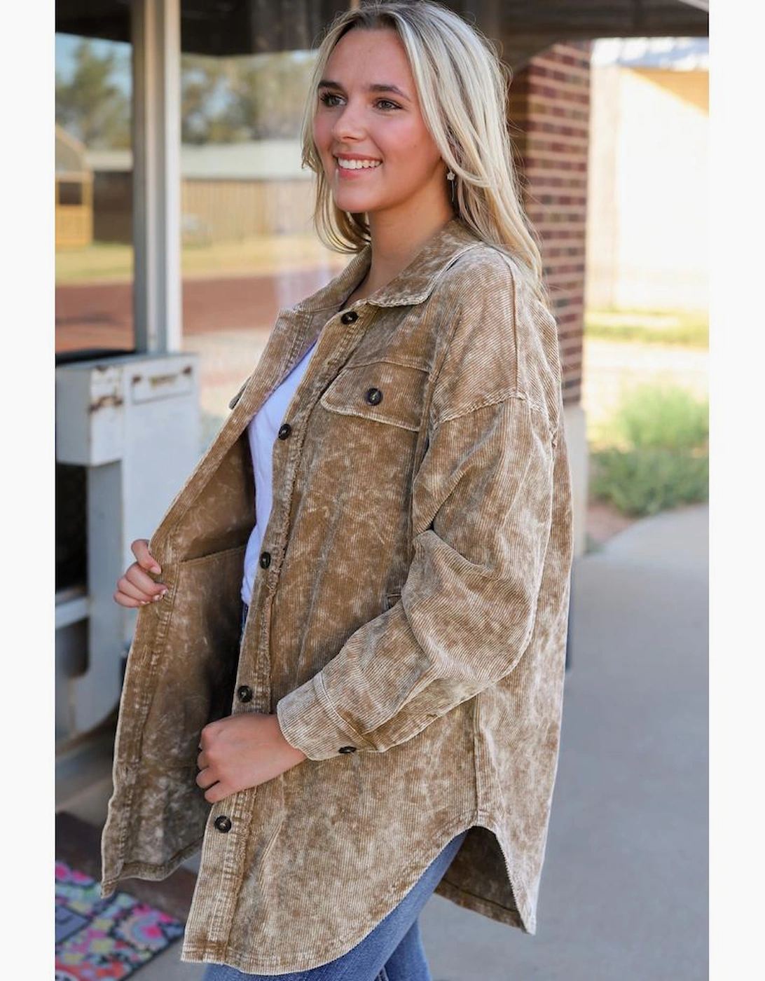 Khaki Vintage Distressed Mineral Wash Oversized Shacket