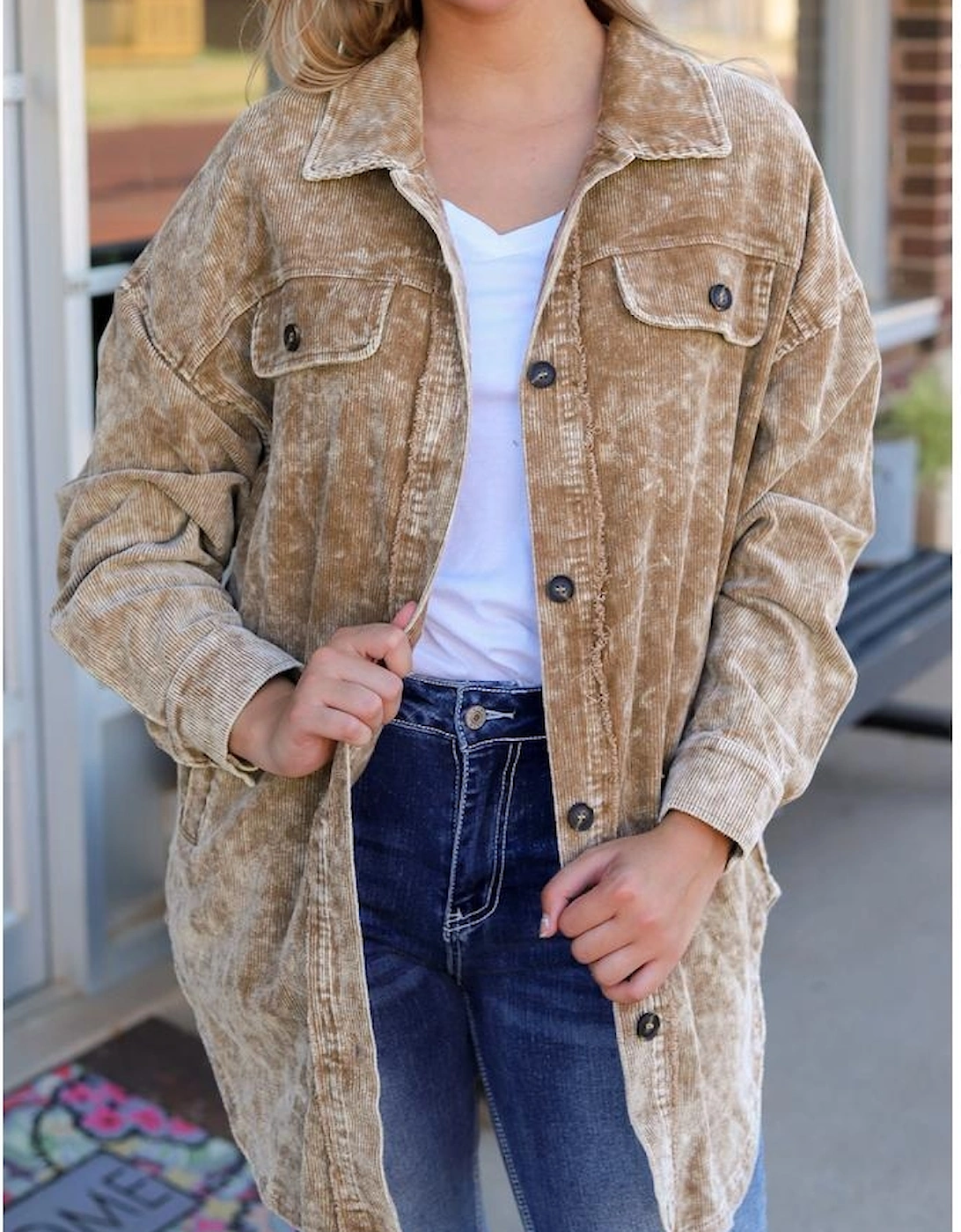 Khaki Vintage Distressed Mineral Wash Oversized Shacket