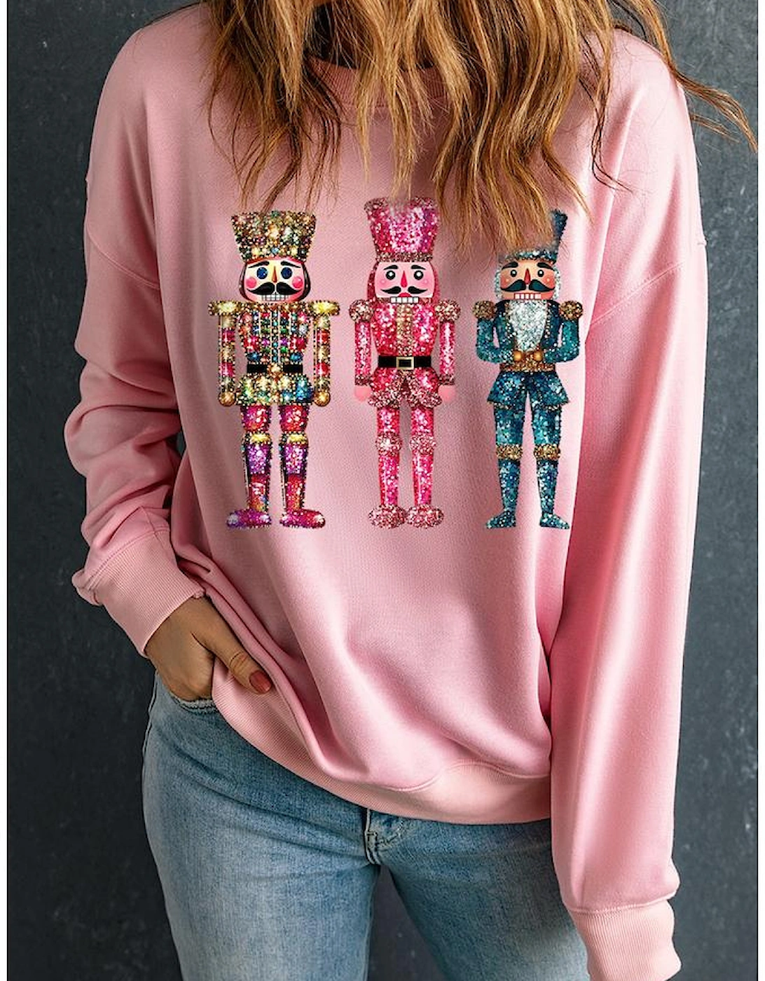 Pink Shimmer Nutcracker Graphic Christmas Pullover Sweatshirt