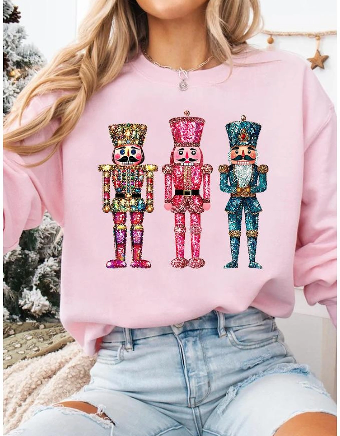 Pink Shimmer Nutcracker Graphic Christmas Pullover Sweatshirt