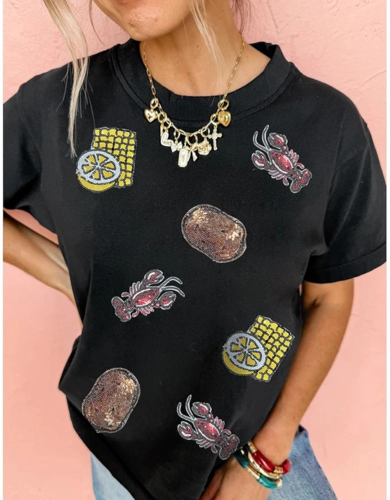 Black Sequin Crawfish Potato Lemon Corn Graphic Crewneck T Shirt