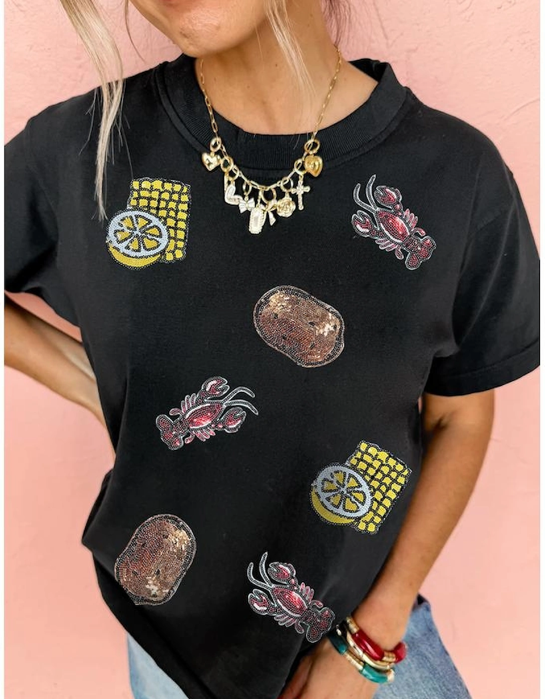Black Sequin Crawfish Potato Lemon Corn Graphic Crewneck T Shirt