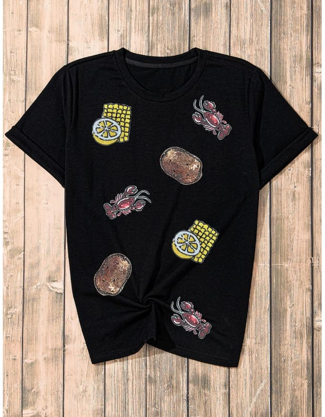 Black Sequin Crawfish Potato Lemon Corn Graphic Crewneck T Shirt