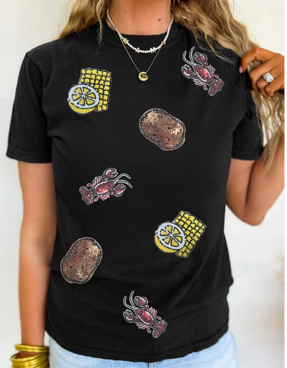 Black Sequin Crawfish Potato Lemon Corn Graphic Crewneck T Shirt