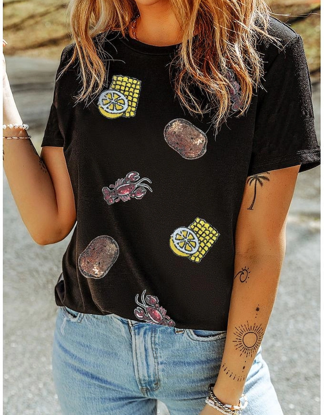 Black Sequin Crawfish Potato Lemon Corn Graphic Crewneck T Shirt