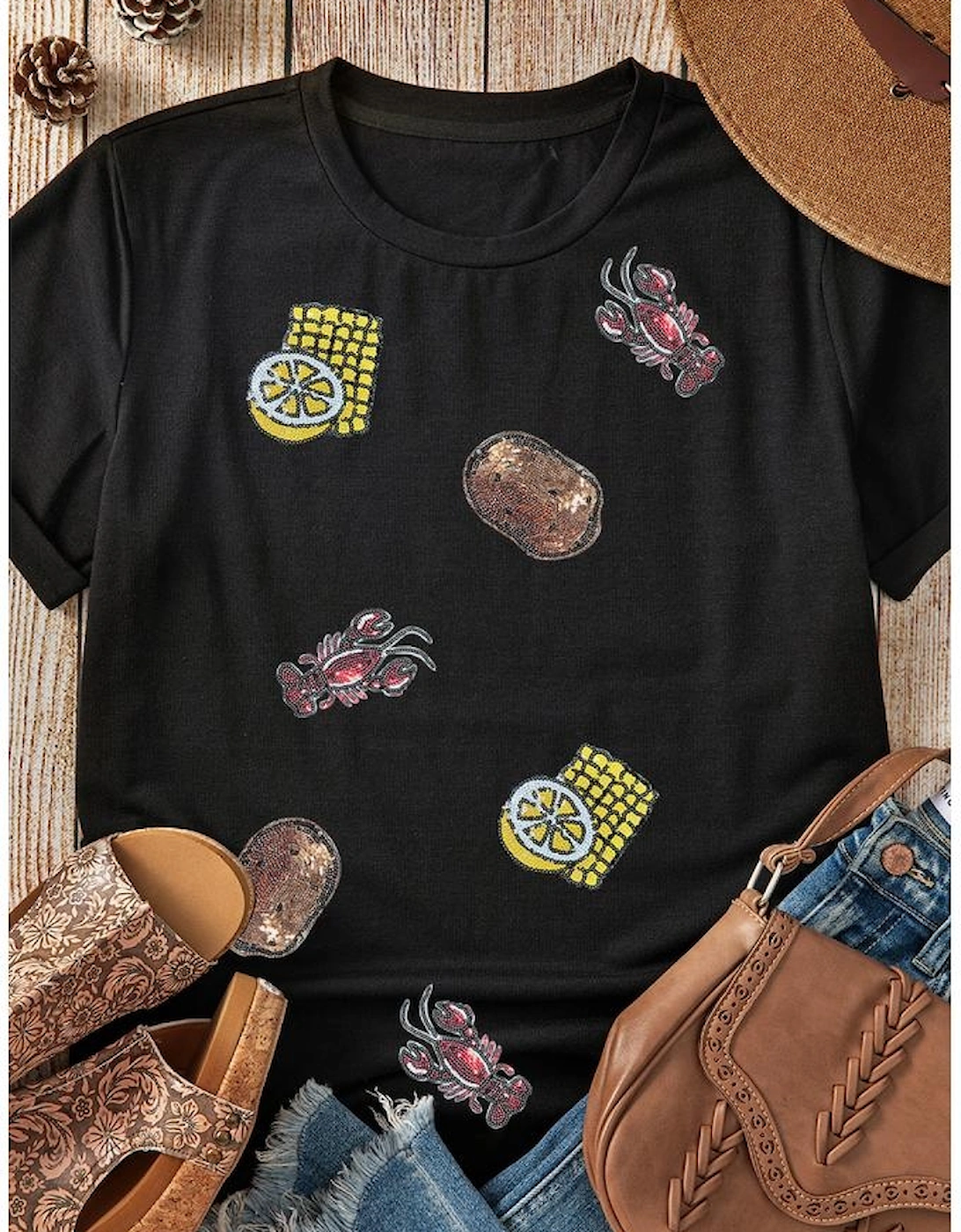 Black Sequin Crawfish Potato Lemon Corn Graphic Crewneck T Shirt, 9 of 8