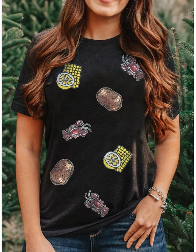 Black Sequin Crawfish Potato Lemon Corn Graphic Crewneck T Shirt