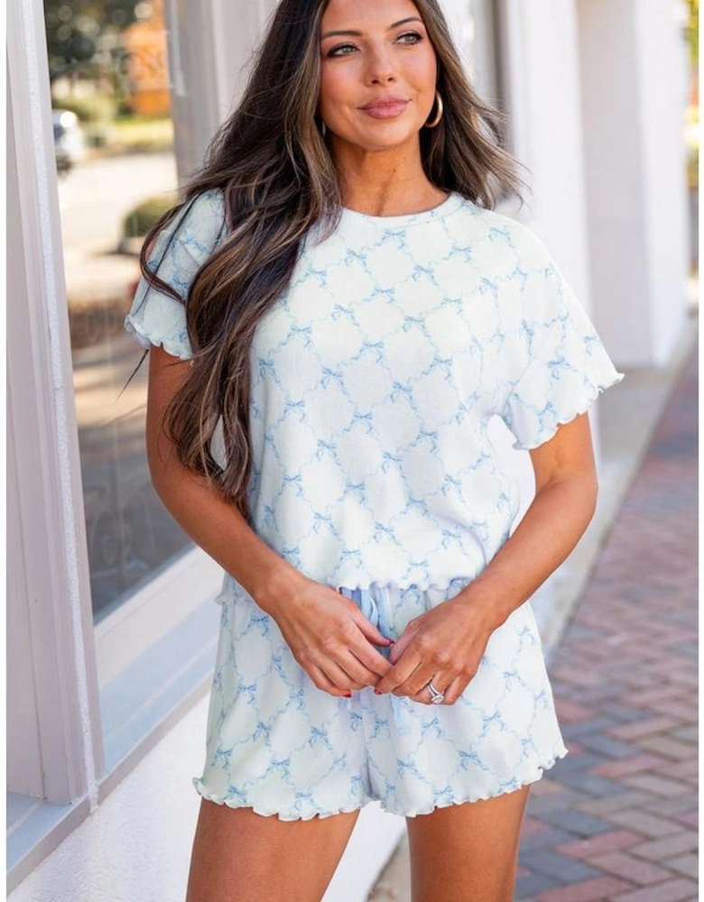 Sky Blue Bow Knot Geometric Print Lettuce Trim Two Piece Lounge Set