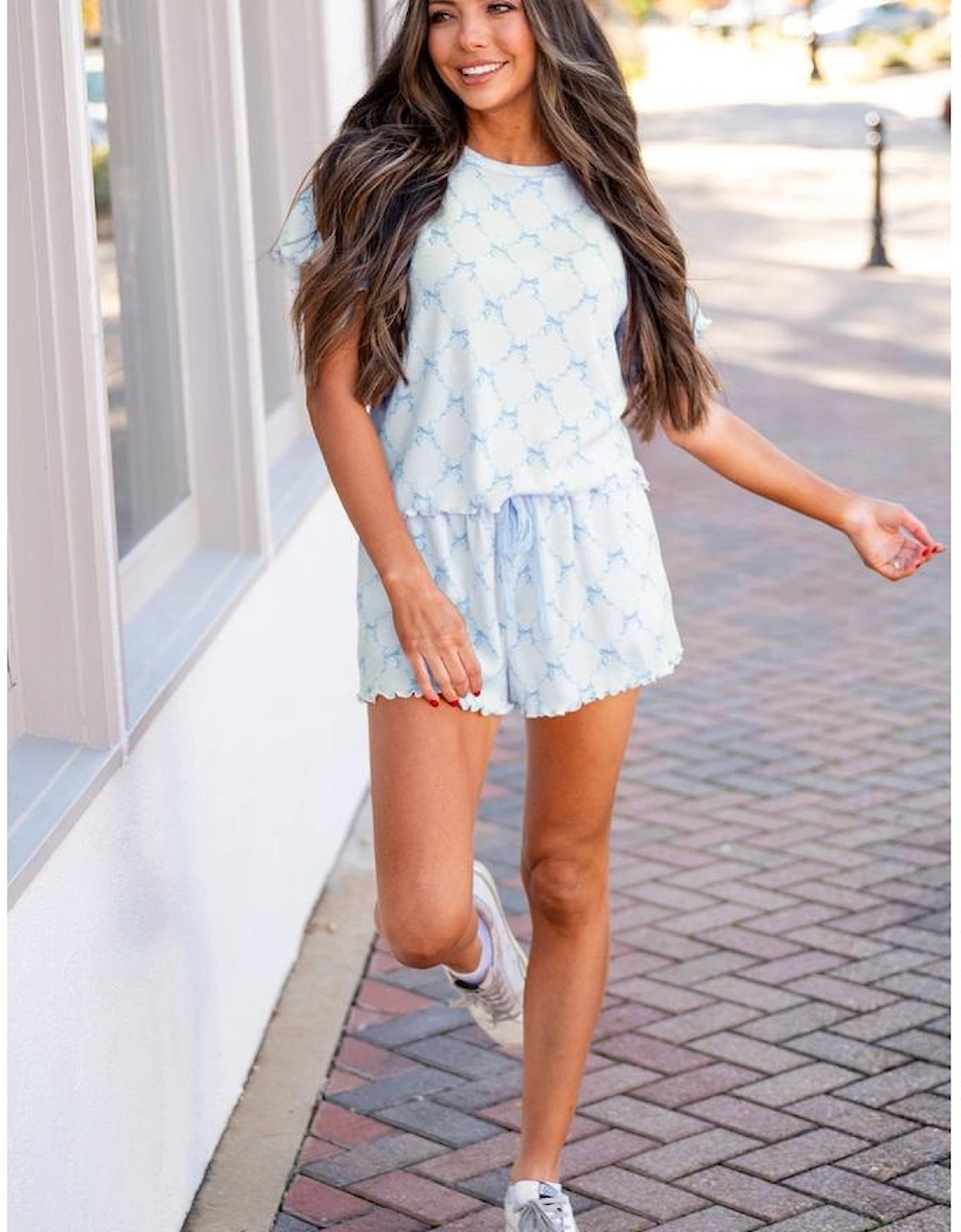 Sky Blue Bow Knot Geometric Print Lettuce Trim Two Piece Lounge Set