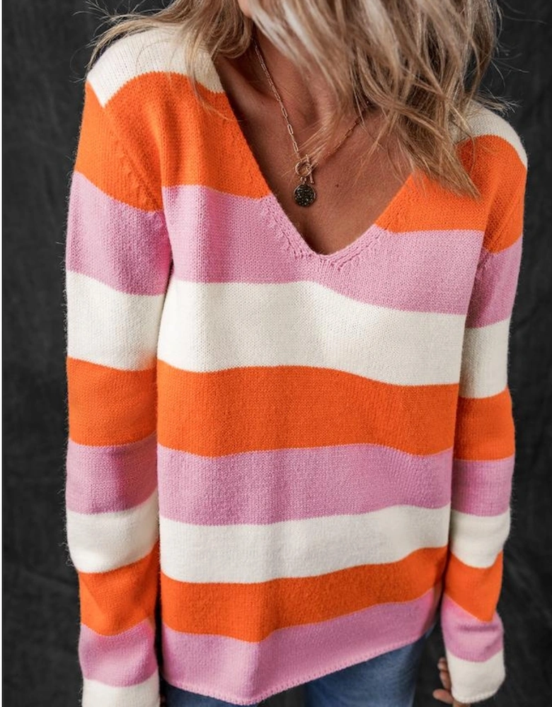 Orange Stripe Colorblock V Neck Casual Sweater
