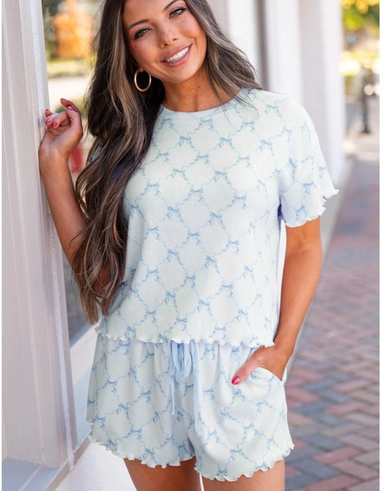 Sky Blue Bow Knot Geometric Print Lettuce Trim Two Piece Lounge Set