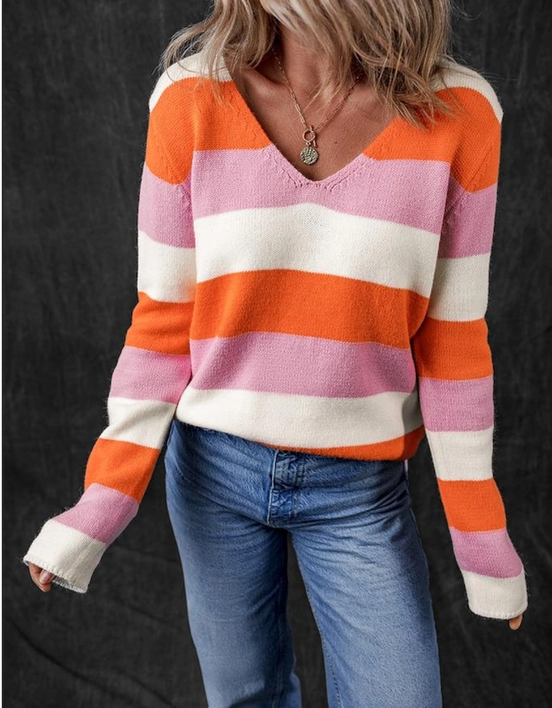 Orange Stripe Colorblock V Neck Casual Sweater