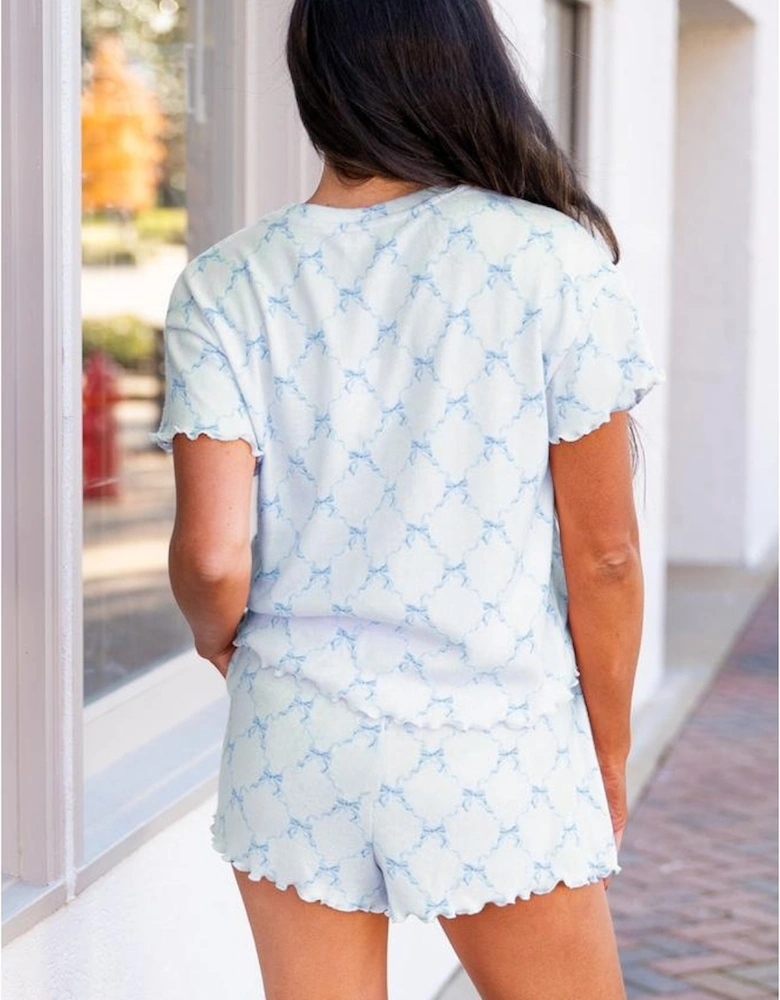 Sky Blue Bow Knot Geometric Print Lettuce Trim Two Piece Lounge Set