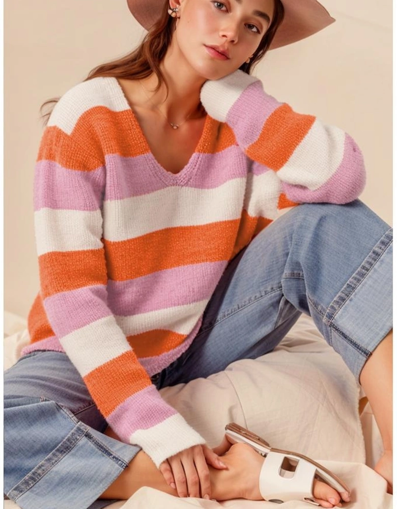 Orange Stripe Colorblock V Neck Casual Sweater