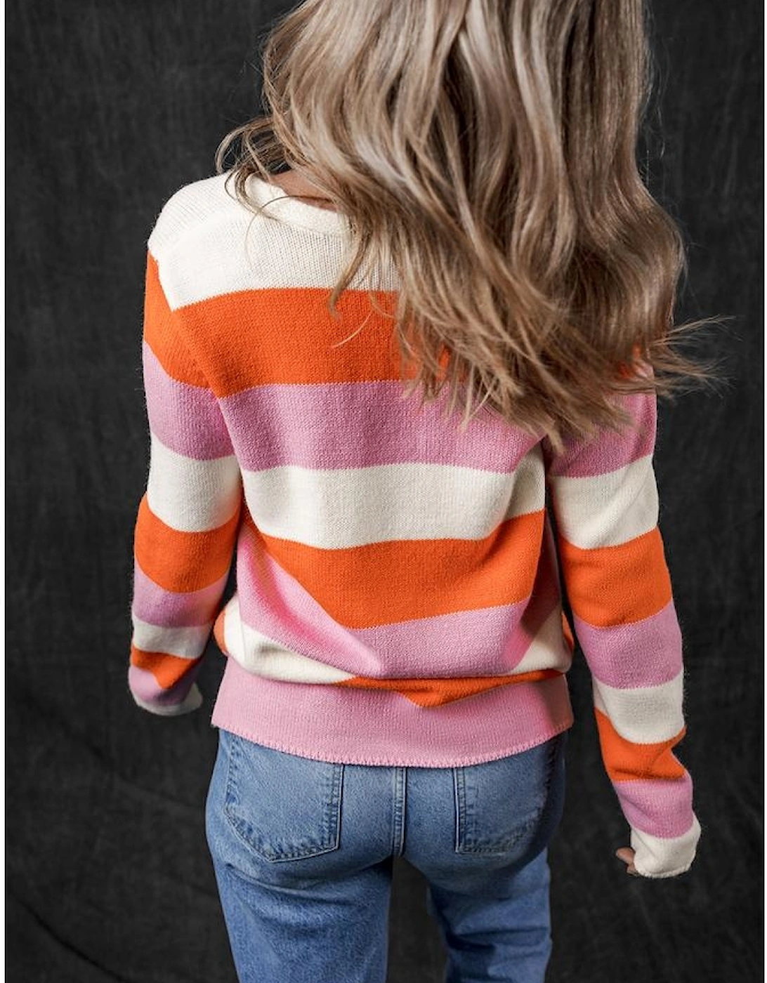 Orange Stripe Colorblock V Neck Casual Sweater