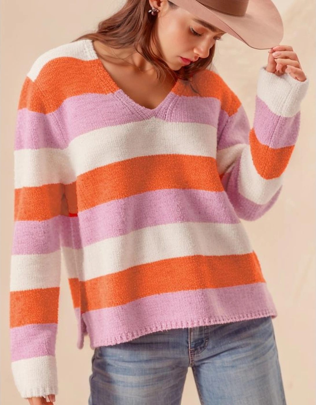 Orange Stripe Colorblock V Neck Casual Sweater