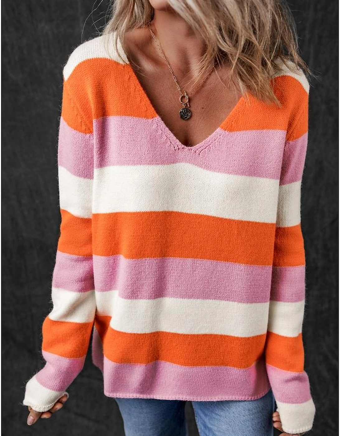 Orange Stripe Colorblock V Neck Casual Sweater