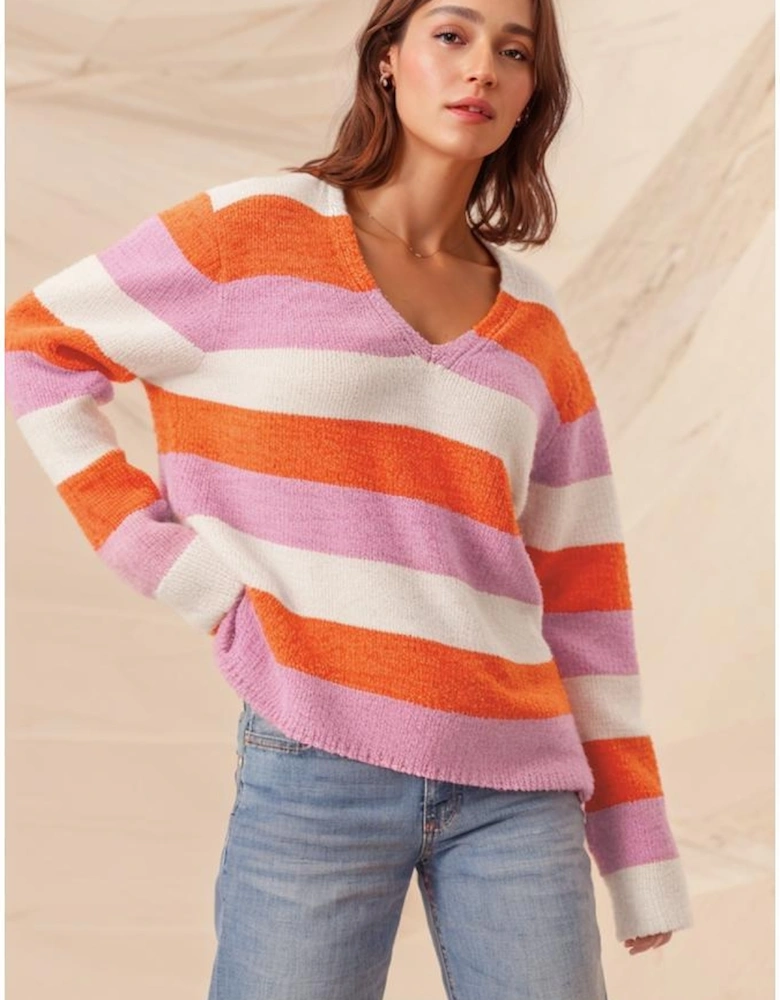 Orange Stripe Colorblock V Neck Casual Sweater