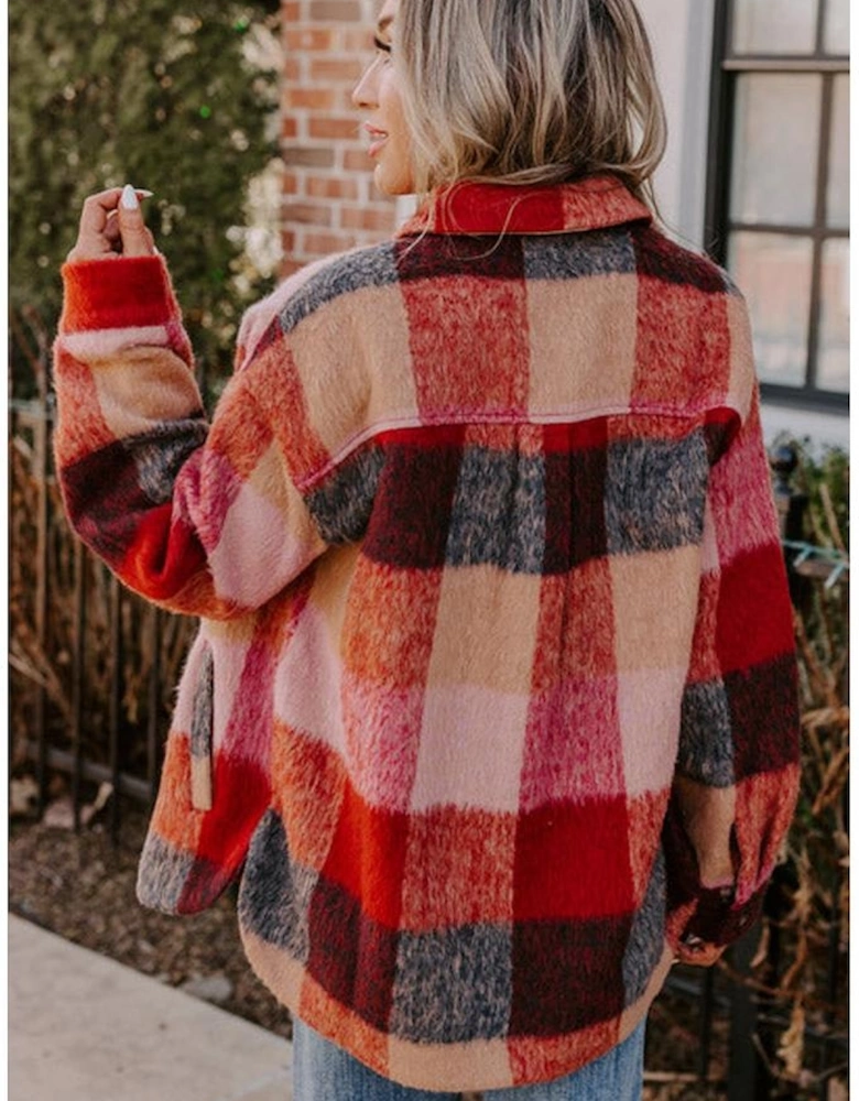 Orange Plaid Print Flap Pockets Buttoned Casual Plus Size Jacket