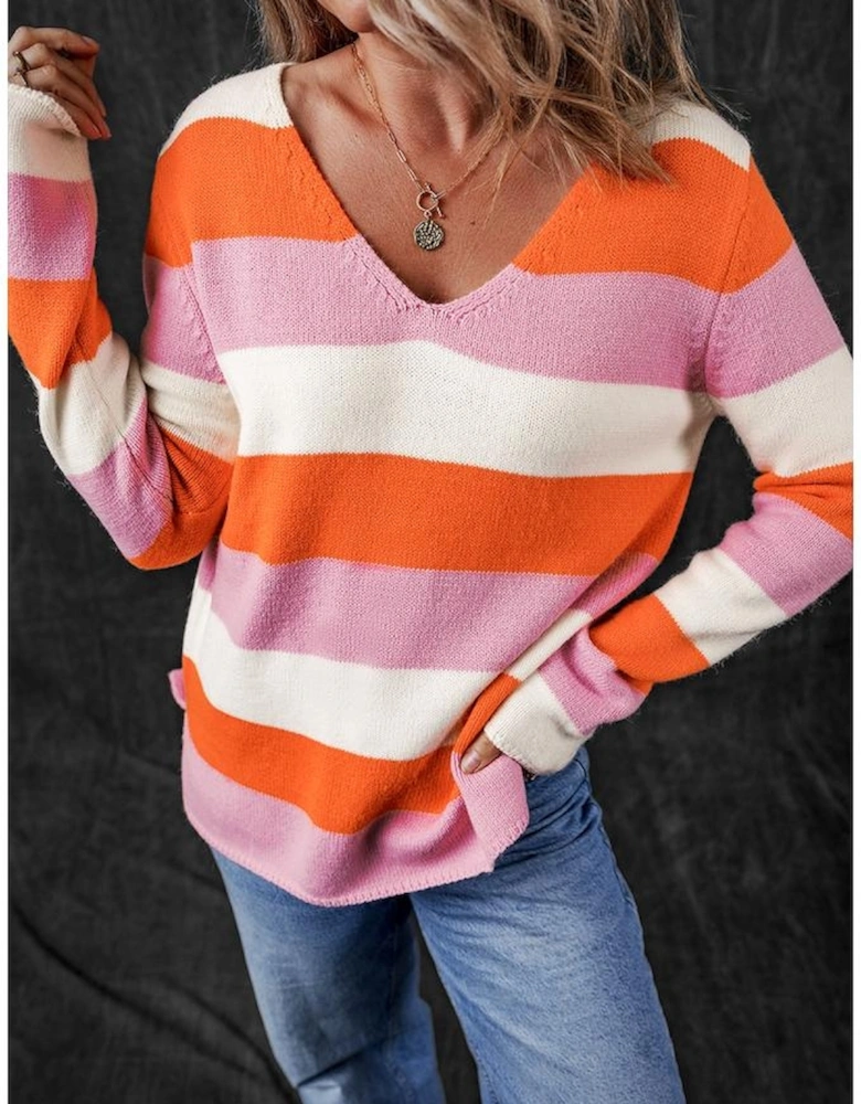 Orange Stripe Colorblock V Neck Casual Sweater