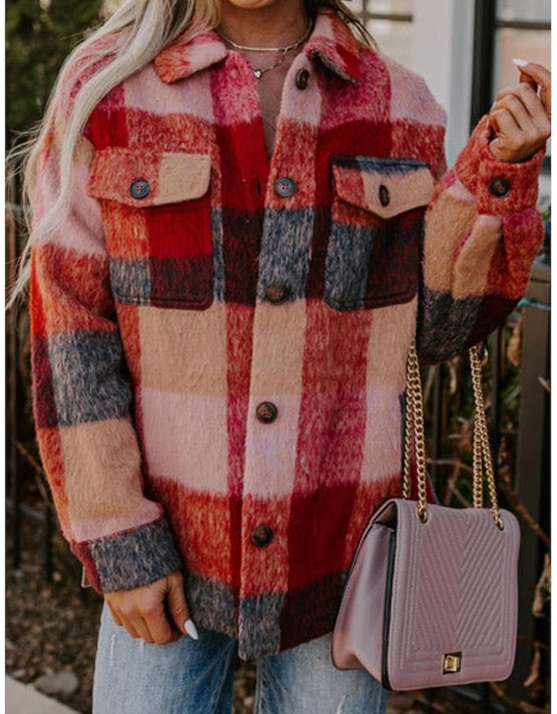 Orange Plaid Print Flap Pockets Buttoned Casual Plus Size Jacket