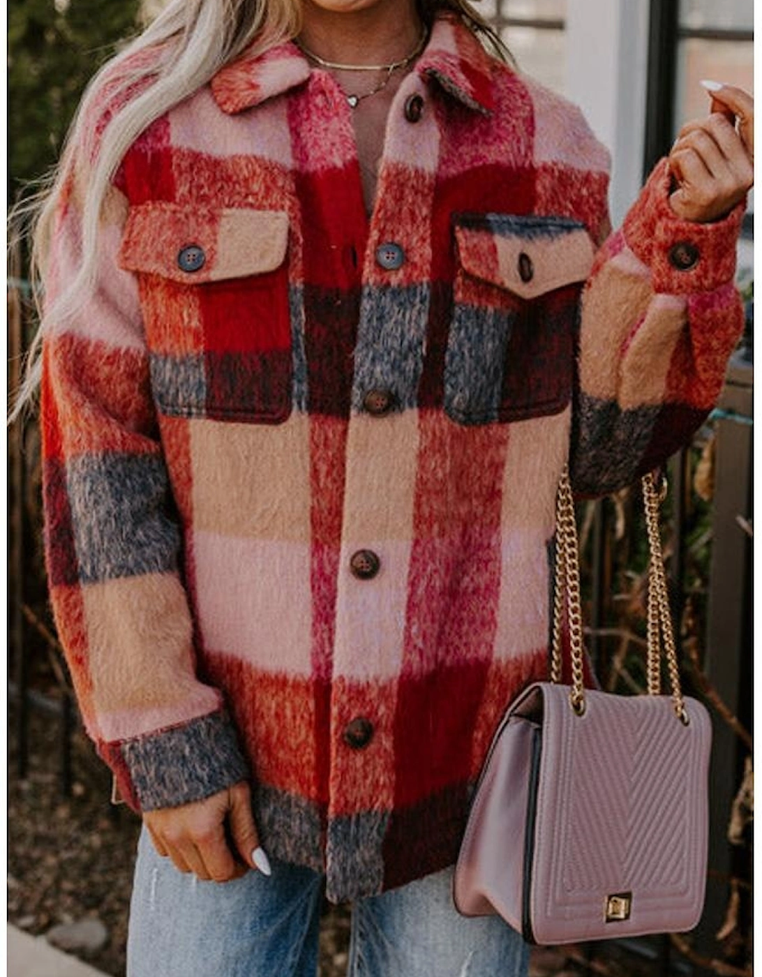 Orange Plaid Print Flap Pockets Buttoned Casual Plus Size Jacket