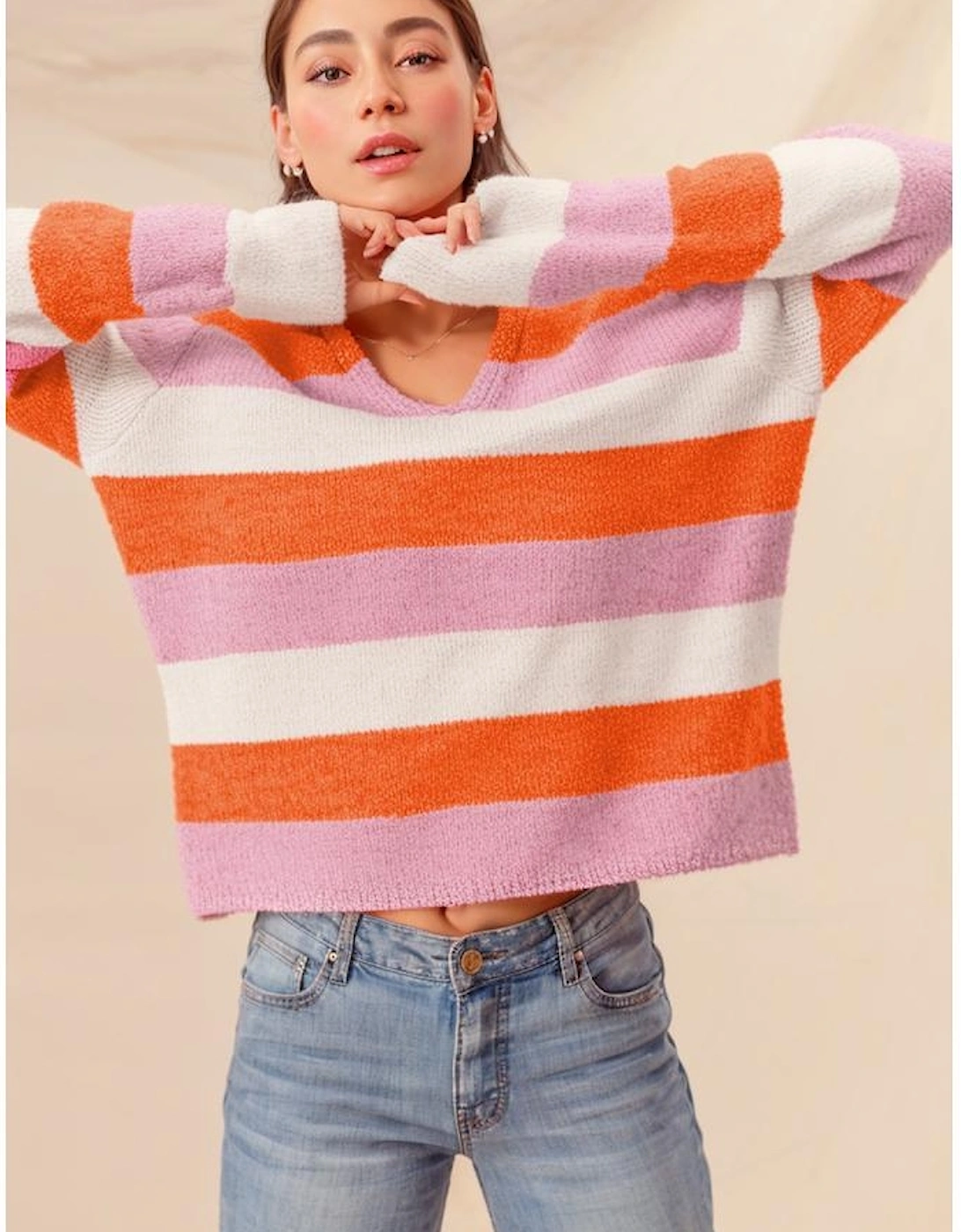 Orange Stripe Colorblock V Neck Casual Sweater