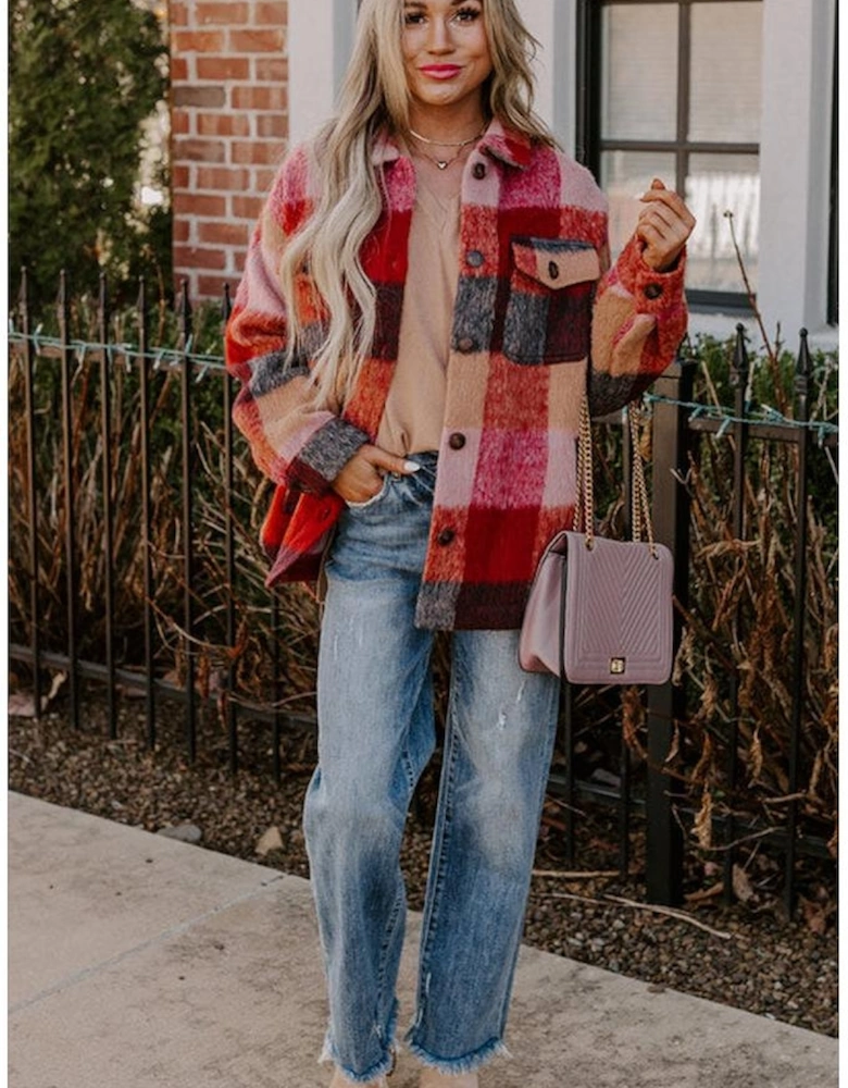 Orange Plaid Print Flap Pockets Buttoned Casual Plus Size Jacket