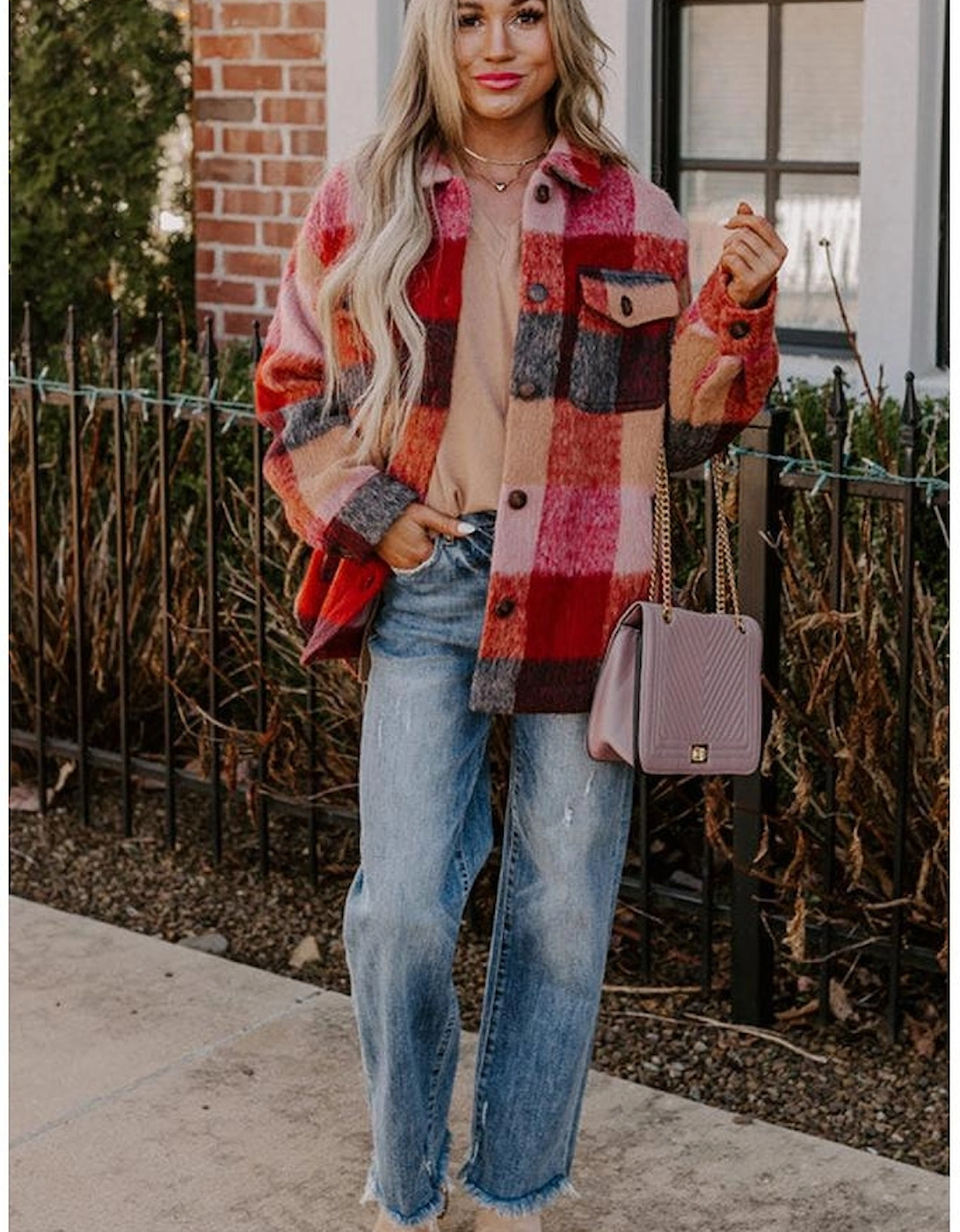 Orange Plaid Print Flap Pockets Buttoned Casual Plus Size Jacket