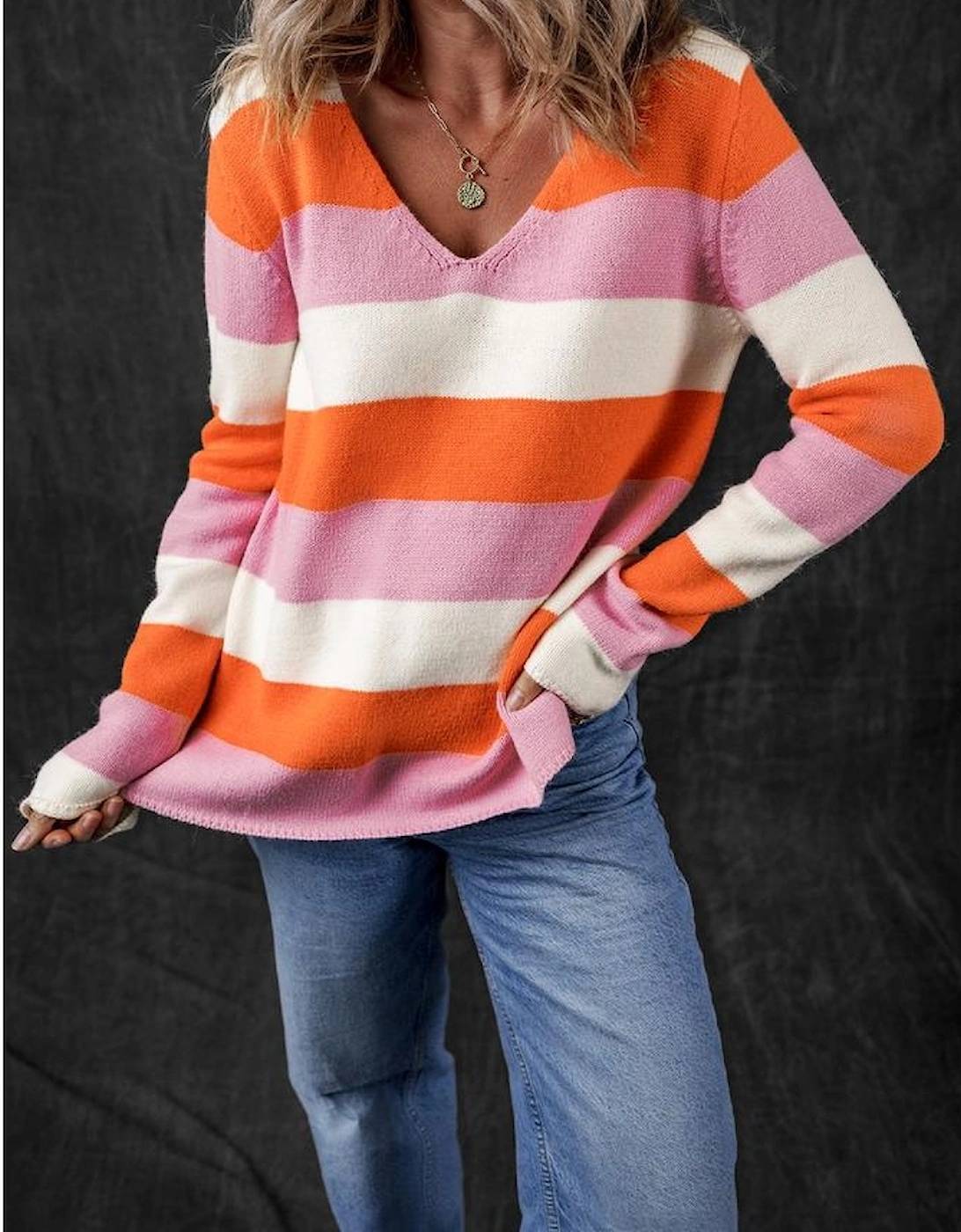 Orange Stripe Colorblock V Neck Casual Sweater