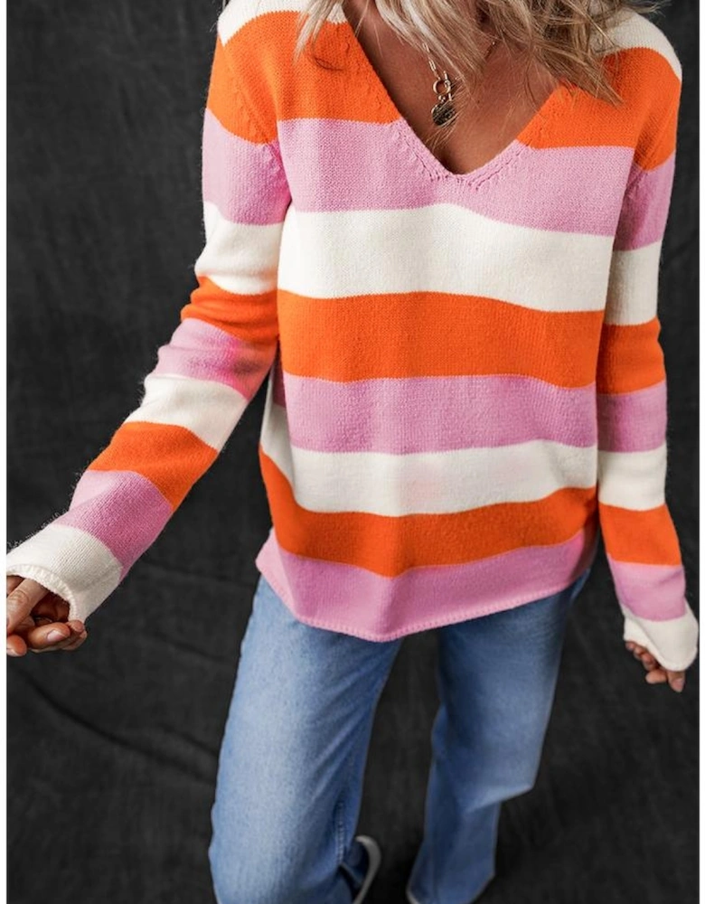 Orange Stripe Colorblock V Neck Casual Sweater
