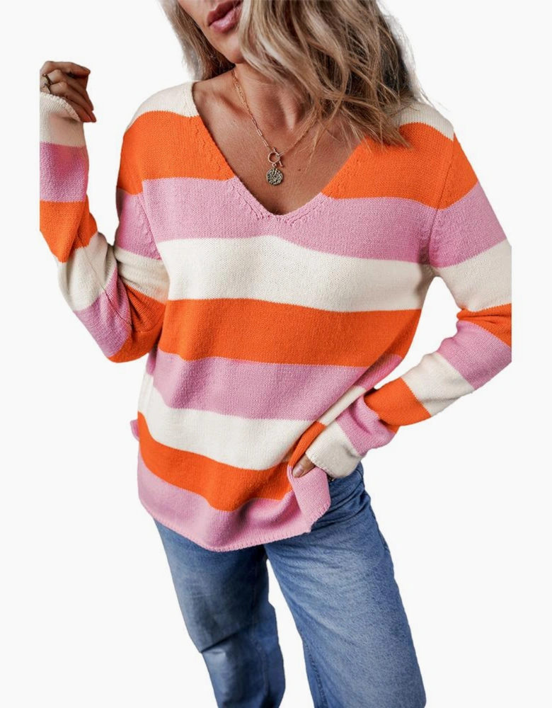 Orange Stripe Colorblock V Neck Casual Sweater