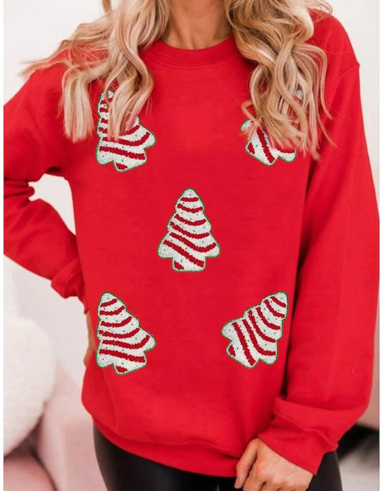 Red Playful Christmas Tree Patched Dropped Shoulder Sweatshirt