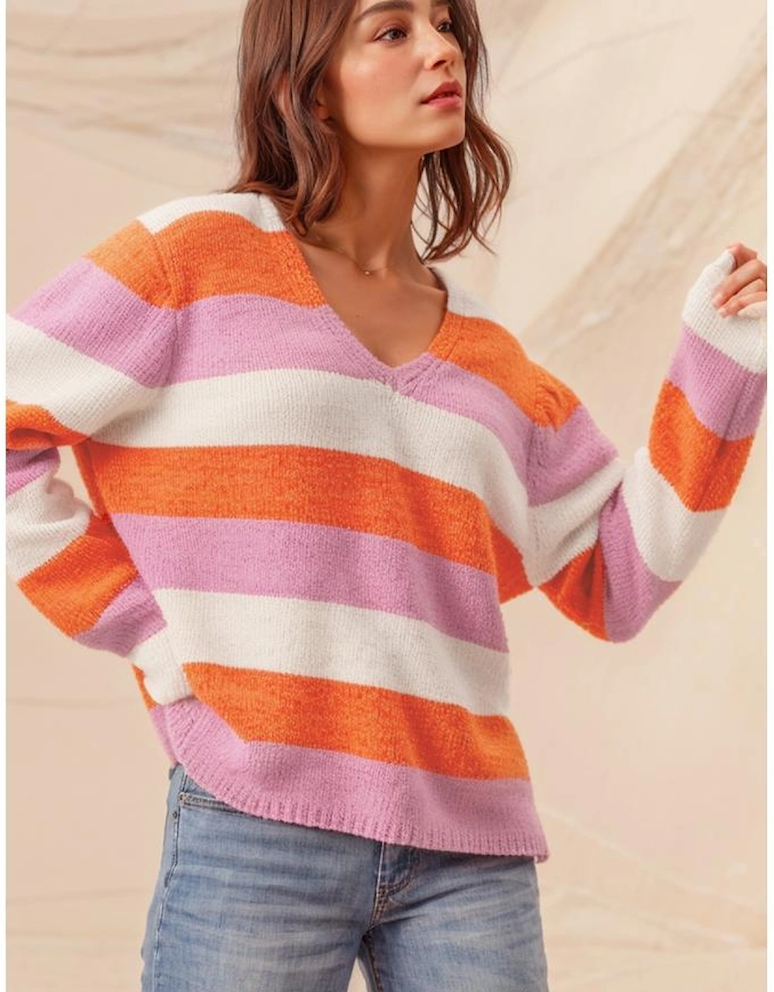 Orange Stripe Colorblock V Neck Casual Sweater