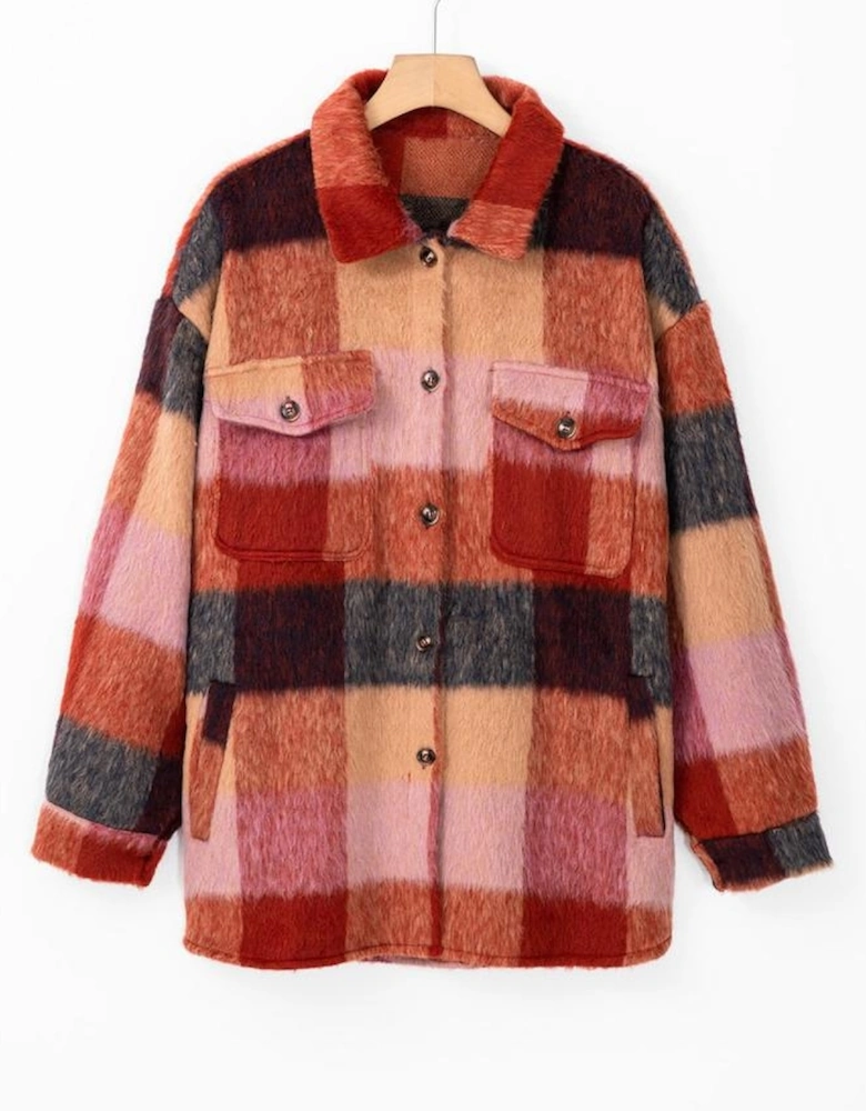 Orange Plaid Print Flap Pockets Buttoned Casual Plus Size Jacket