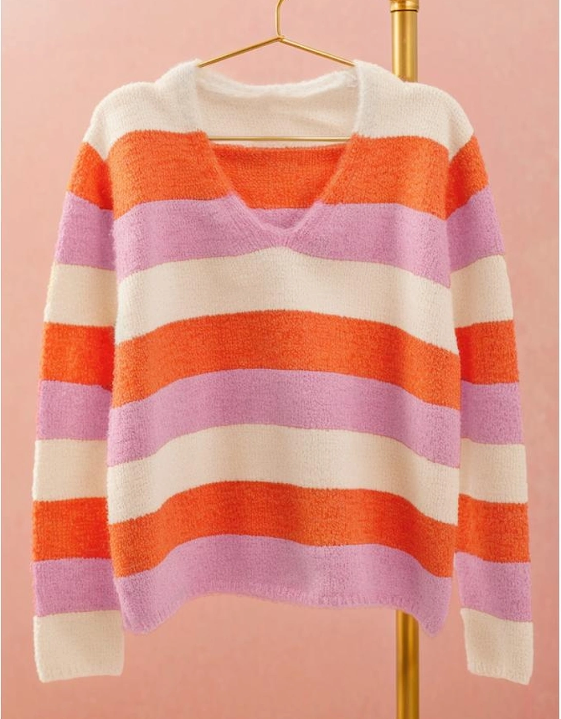 Orange Stripe Colorblock V Neck Casual Sweater